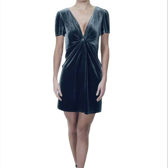 Aqua Blue-Gray Velvet Shimmer Stretch Deep V-Neck Plunge Cocktail Party Dress - Picture 1 of 13